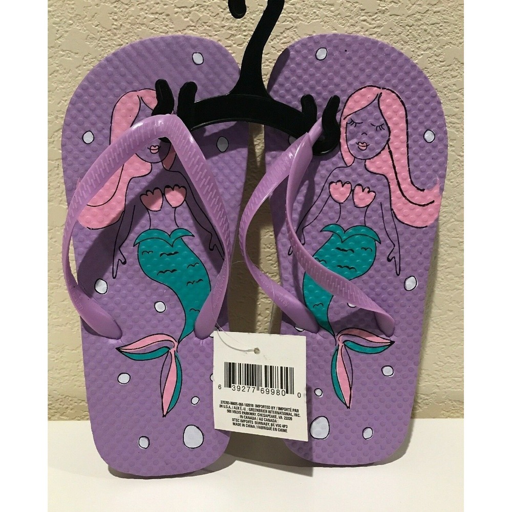 Mermaid Girls Kids Purple Beach Pool Flip Flops Print Footbed Sz L 2-3